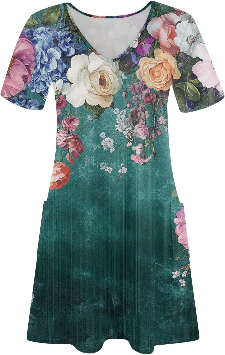 Womens Summer Dresses Short Sleeve V Neck Trendy Casual Boho T Shirt Dress for Women with Pockets