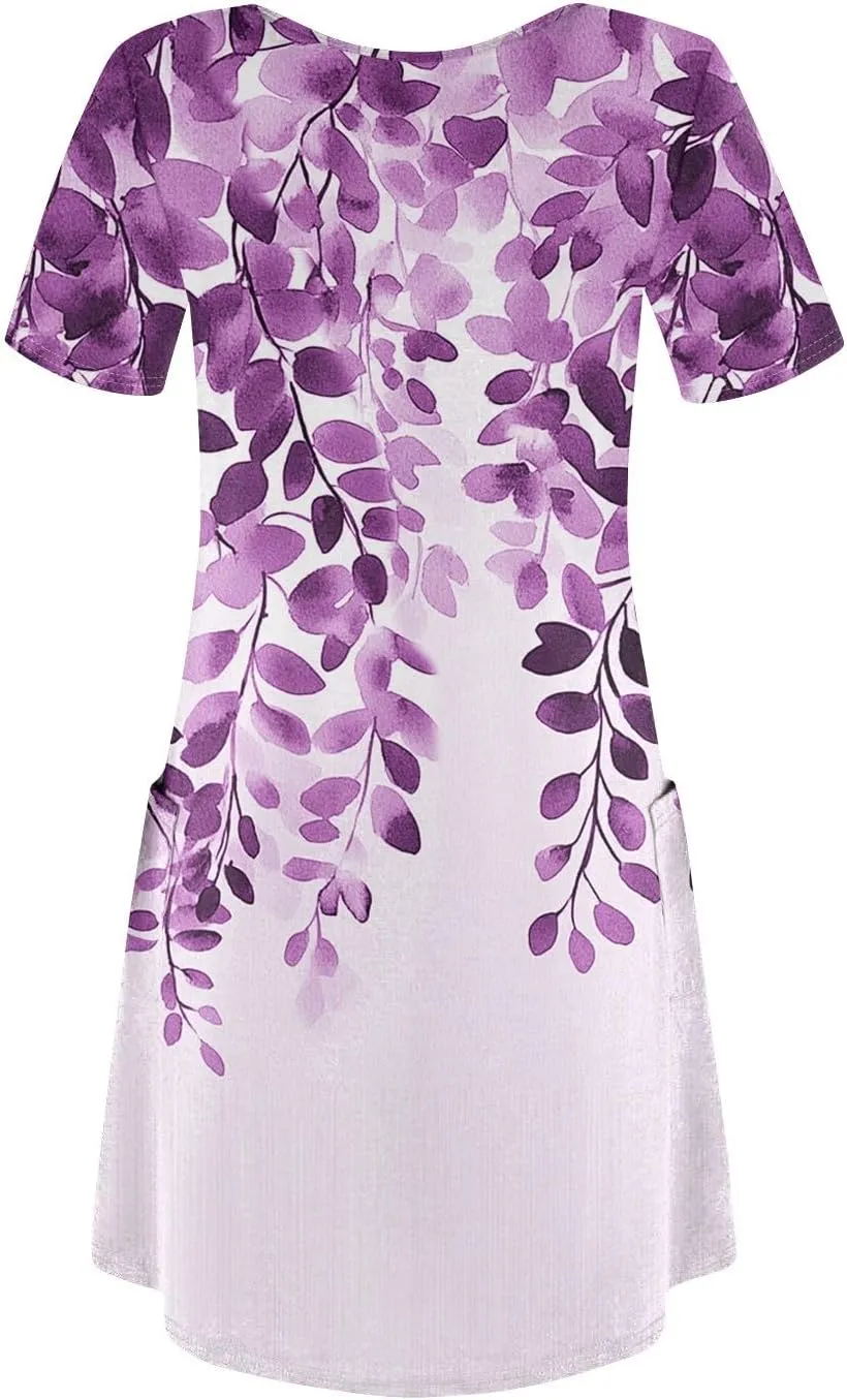 Womens Summer Dresses Short Sleeve V Neck Trendy Casual Boho T Shirt Dress for Women with Pockets