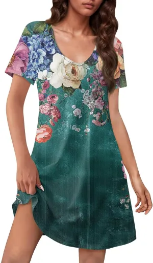Womens Summer Dresses Short Sleeve V Neck Trendy Casual Boho T Shirt Dress for Women with Pockets