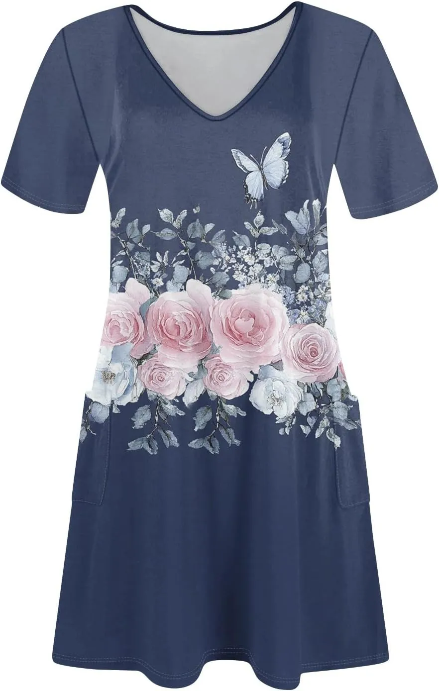 Womens Summer Dresses Short Sleeve V Neck Trendy Casual Boho T Shirt Dress for Women with Pockets