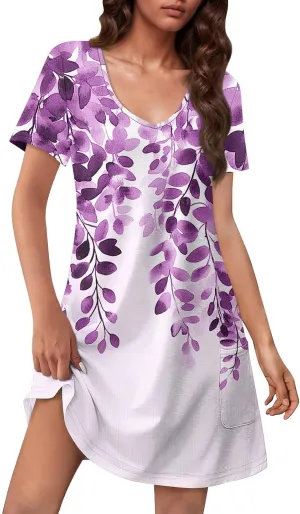 Womens Summer Dresses Short Sleeve V Neck Trendy Casual Boho T Shirt Dress for Women with Pockets