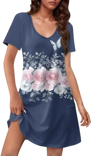 Womens Summer Dresses Short Sleeve V Neck Trendy Casual Boho T Shirt Dress for Women with Pockets