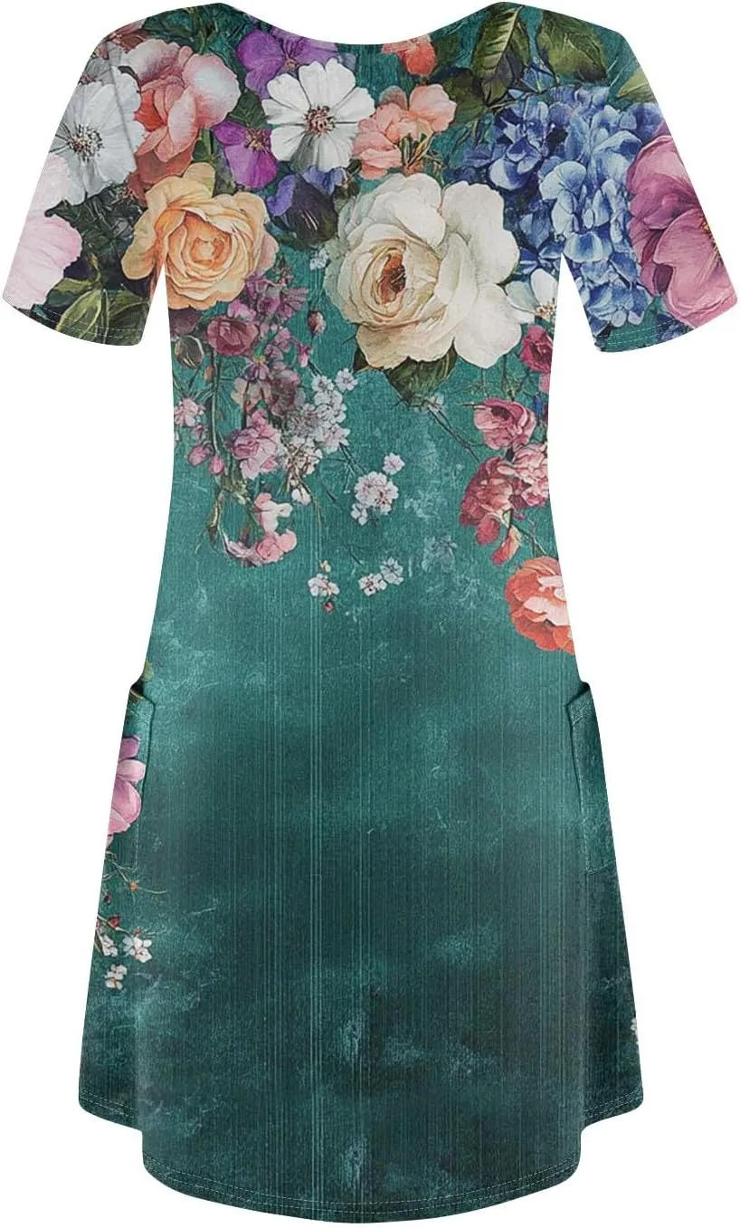 Womens Summer Dresses Short Sleeve V Neck Trendy Casual Boho T Shirt Dress for Women with Pockets