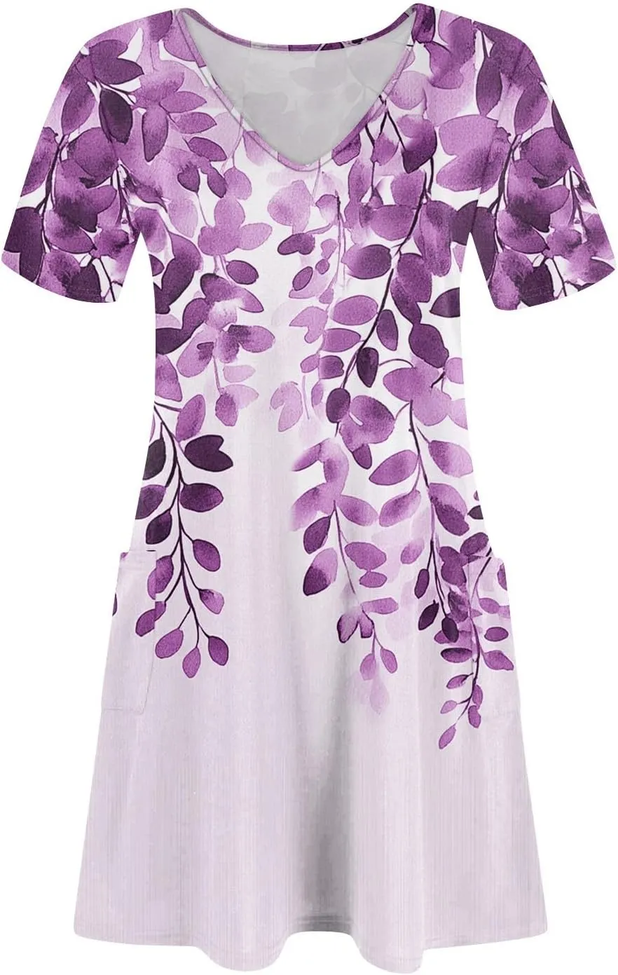 Womens Summer Dresses Short Sleeve V Neck Trendy Casual Boho T Shirt Dress for Women with Pockets