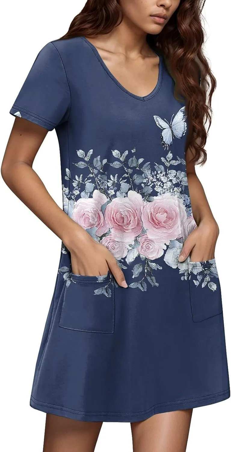 Womens Summer Dresses Short Sleeve V Neck Trendy Casual Boho T Shirt Dress for Women with Pockets