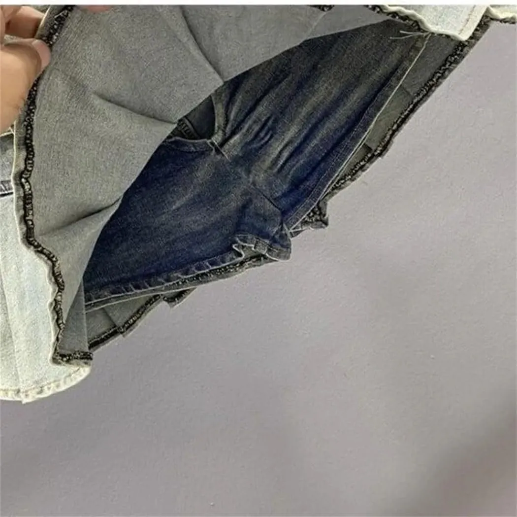 Women's Summer High Waisted Denim Pleated Short Skirt Motorcycle Mini Skirts