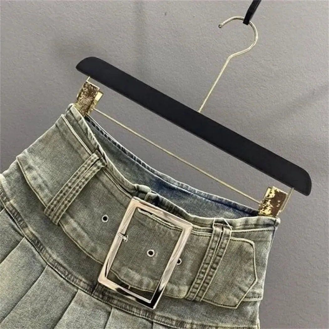 Women's Summer High Waisted Denim Pleated Short Skirt Motorcycle Mini Skirts
