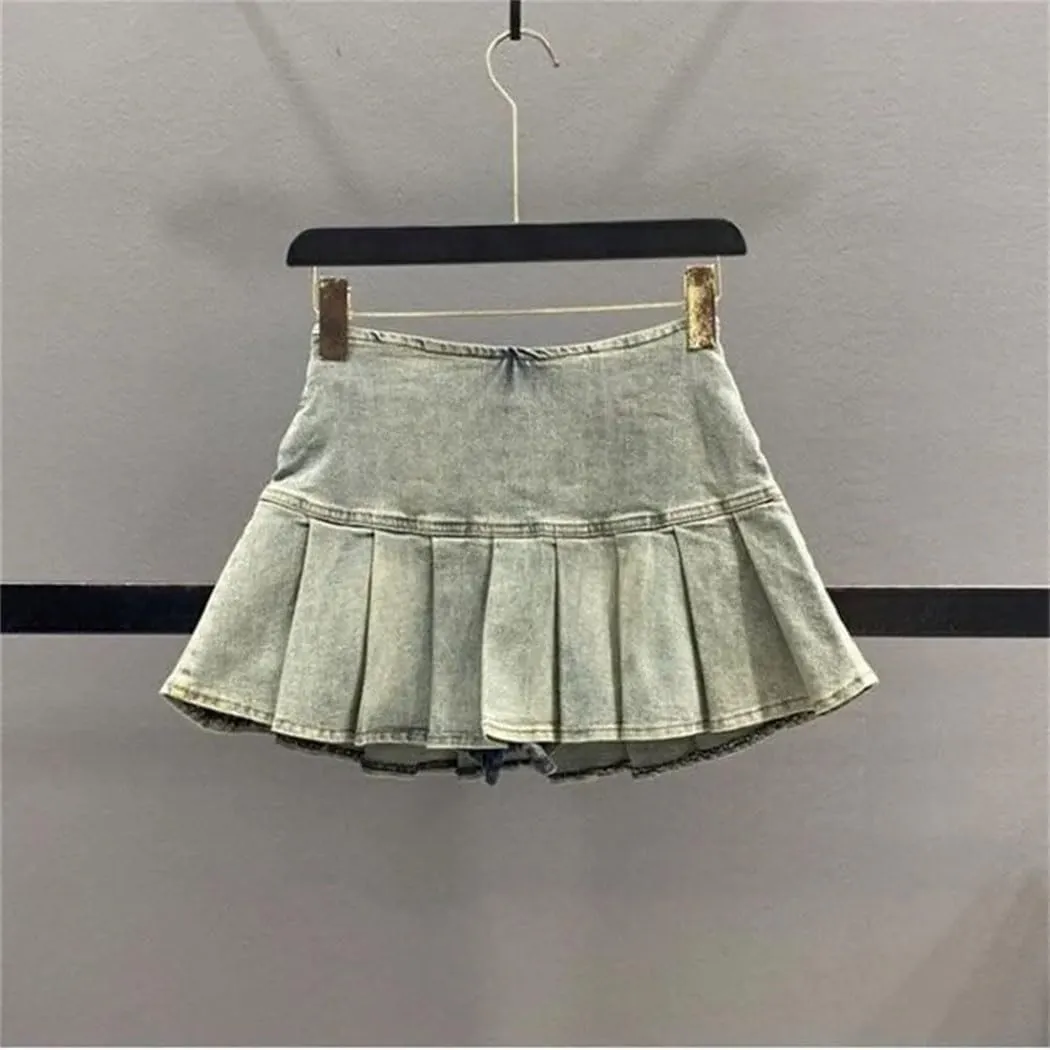 Women's Summer High Waisted Denim Pleated Short Skirt Motorcycle Mini Skirts