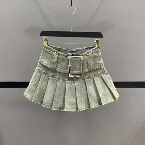 Women's Summer High Waisted Denim Pleated Short Skirt Motorcycle Mini Skirts