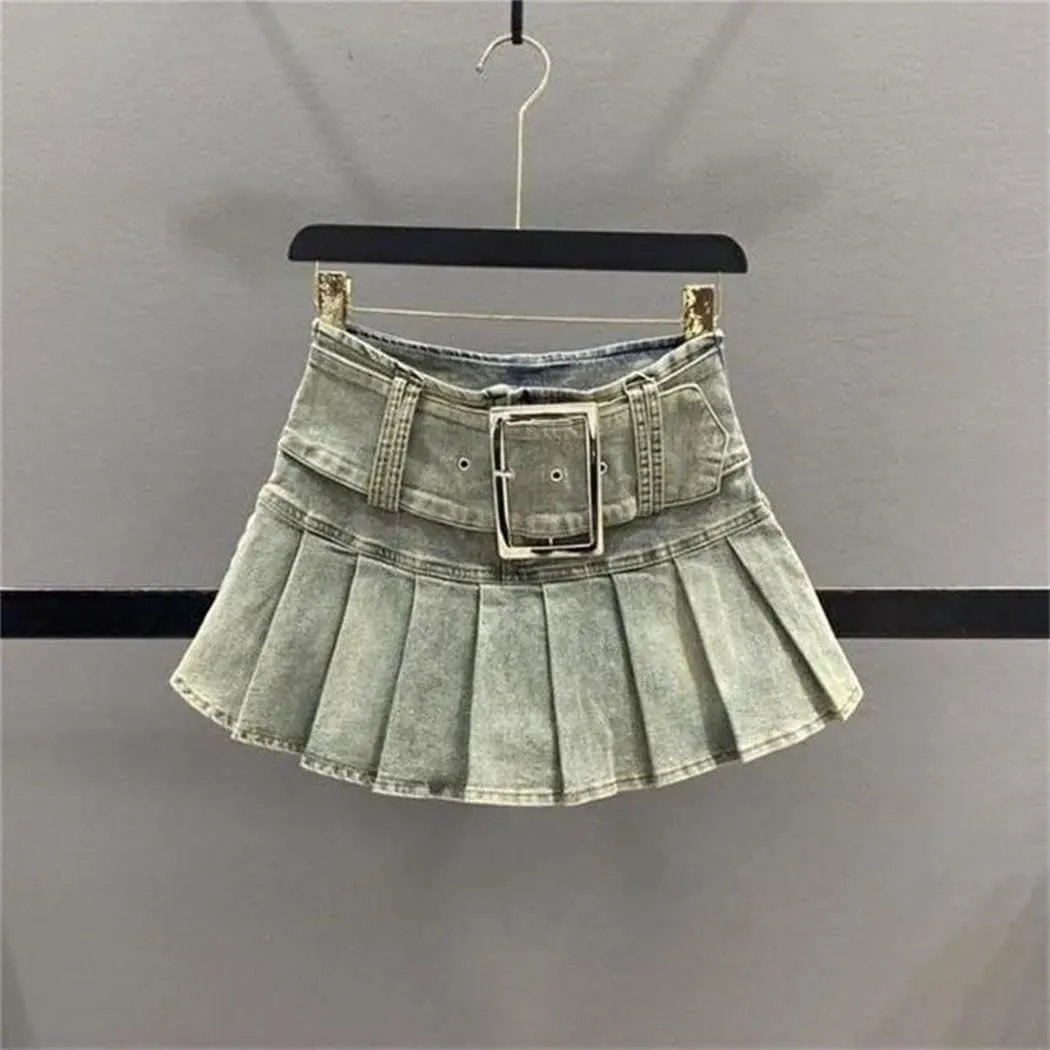 Women's Summer High Waisted Denim Pleated Short Skirt Motorcycle Mini Skirts