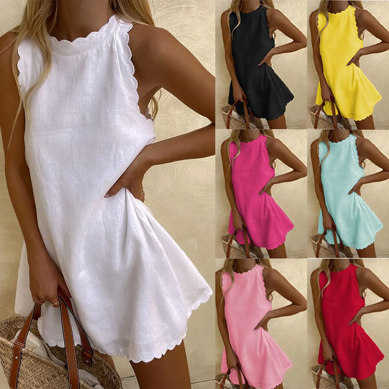 Women's Summer Sleeveless Ruffle Trim Mini Dress Flowy Linen Cute Halter Crewneck Casual Beach Sundress