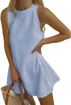 Women's Summer Sleeveless Ruffle Trim Mini Dress Flowy Linen Cute Halter Crewneck Casual Beach Sundress