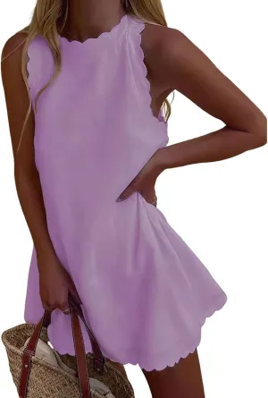 Women's Summer Sleeveless Ruffle Trim Mini Dress Flowy Linen Cute Halter Crewneck Casual Beach Sundress