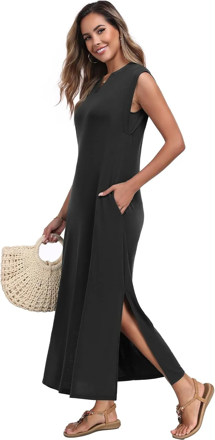 Women's Summer Slit Maxi Dress Casual V Neck Loose Long Dresses with Pockets(XS-3XL)