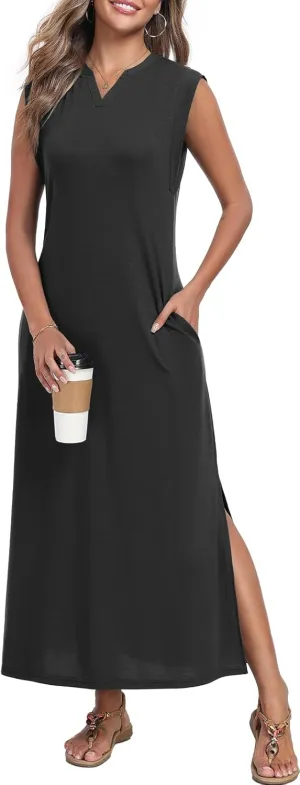 Women's Summer Slit Maxi Dress Casual V Neck Loose Long Dresses with Pockets(XS-3XL)