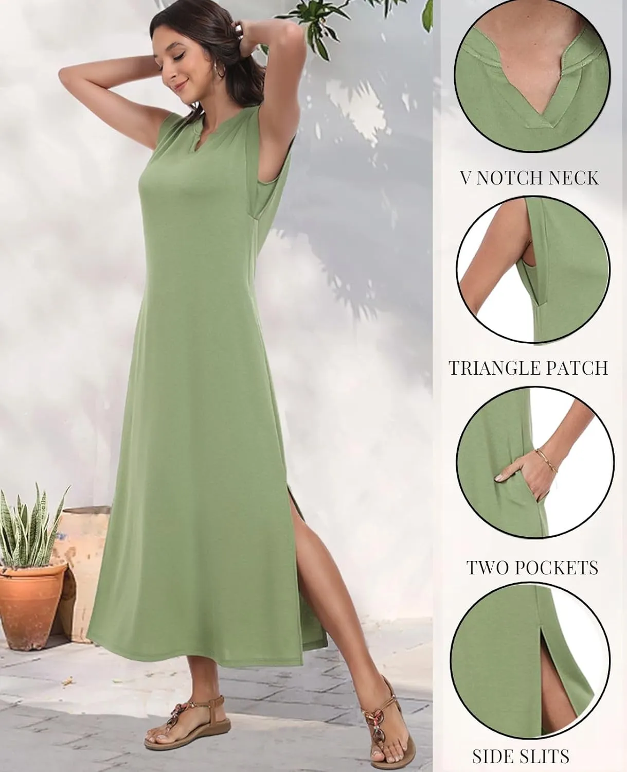Women's Summer Slit Maxi Dress Casual V Neck Loose Long Dresses with Pockets(XS-3XL)