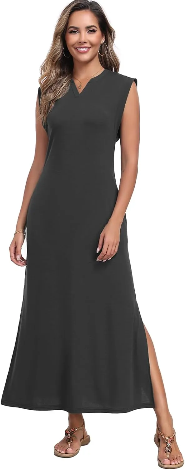 Women's Summer Slit Maxi Dress Casual V Neck Loose Long Dresses with Pockets(XS-3XL)