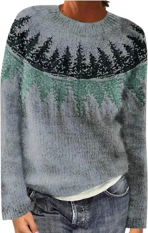 Womens Sweaters Fair Isle Knit Sweater Retro Crewneck Sweater Long Sleeve Warm Pullover Oversized Casual Sweater