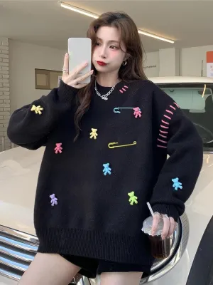 Womens Sweaters Kawaii Bear Oversized Sweater Vintage Harajuku Crewneck Pullover Sweatshirt Aesthetic Fall Sweaters