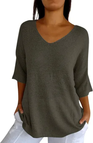 Womens Sweaters Lightweight Plain Sweater 3/4 Sleeve Basic Sweaters Oversized Fall Trendy Pullover