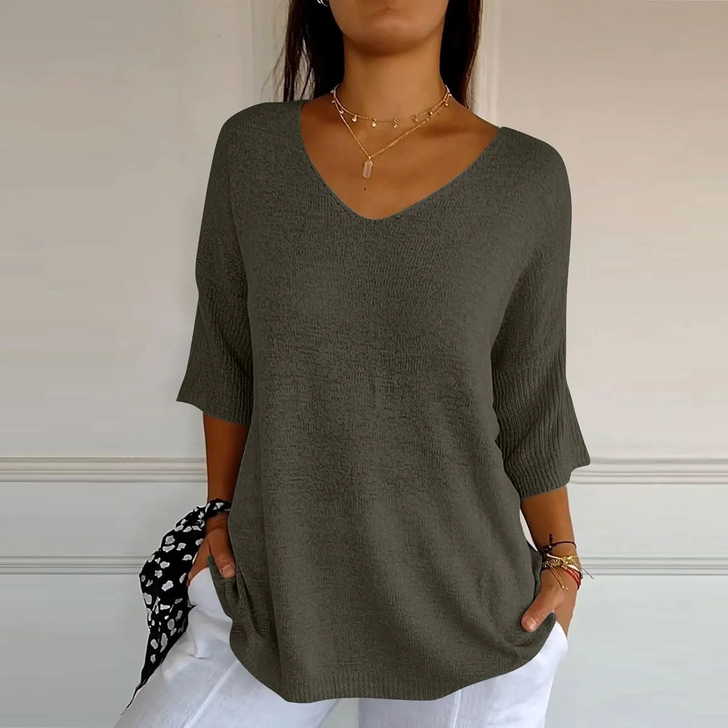 Womens Sweaters Lightweight Plain Sweater 3/4 Sleeve Basic Sweaters Oversized Fall Trendy Pullover
