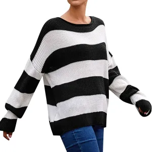 Womens Sweaters Striped Color Block Knit Crewneck Casual Loose Fit Long Sleeve Trendy Pullover Top Fall Outfits 2024