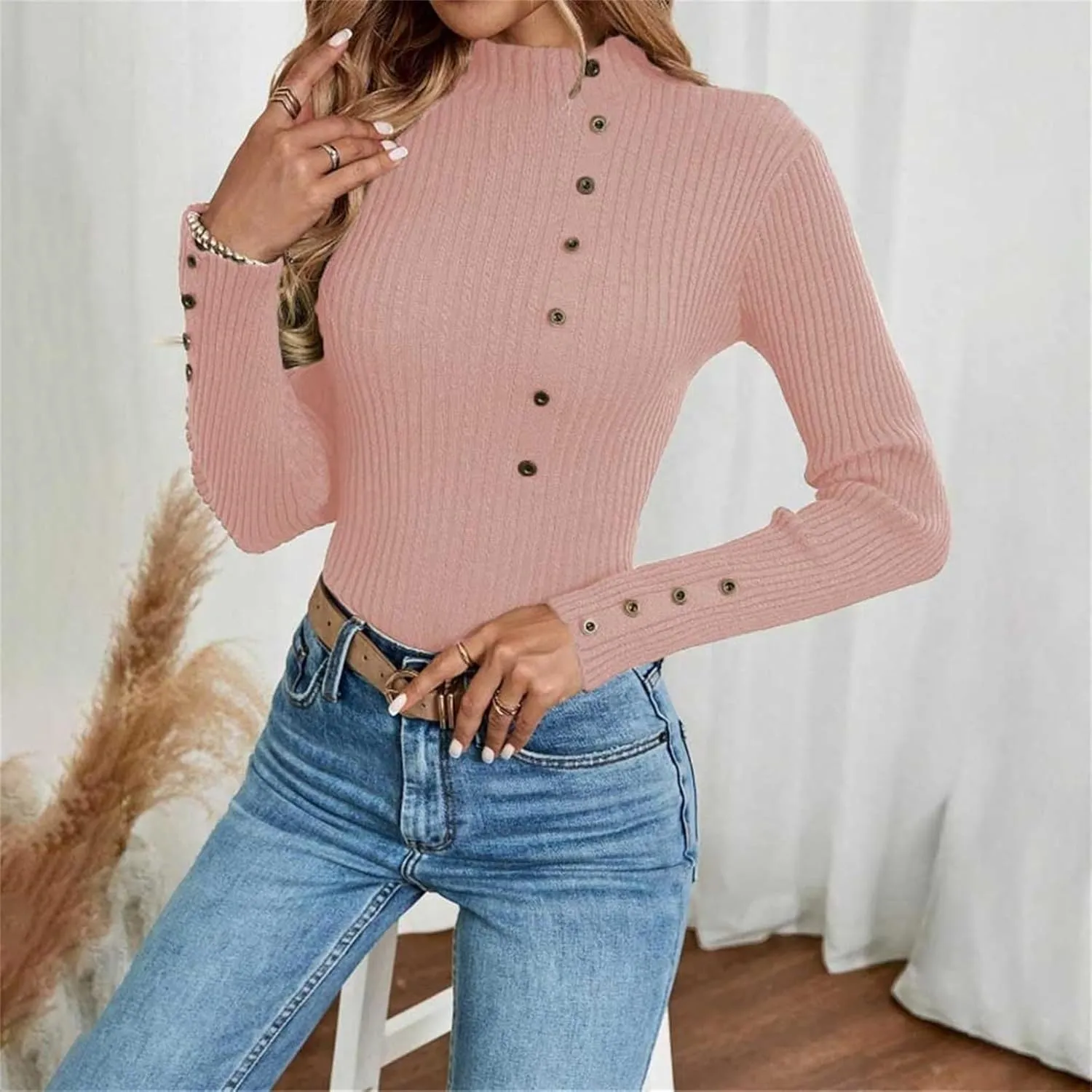 Womens Sweaters Trendy Casual Turtleneck Long Sleeve Shirts Warm Soft Slim Knit Sweater