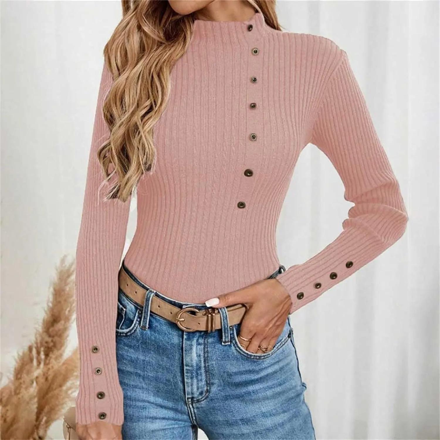 Womens Sweaters Trendy Casual Turtleneck Long Sleeve Shirts Warm Soft Slim Knit Sweater