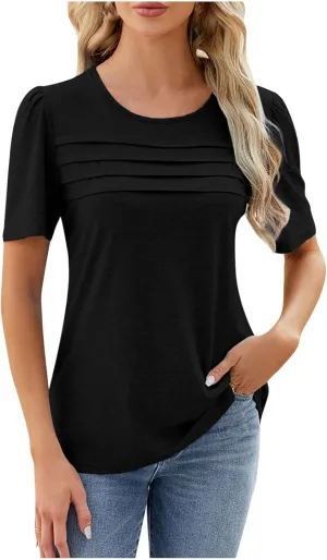 Womens T Shirts Short Sleeve Pleated Front Scooped Neck Tops Dressy Casual Blouses Spring Summer Cute Print Tees