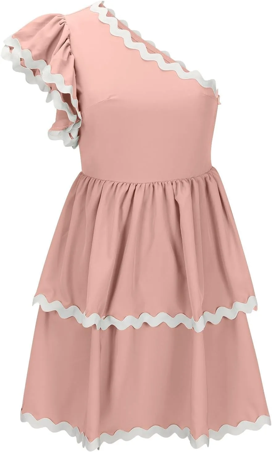 Womens Tiered Mini Dress Asymmetrical One Shoulder Fairy Dress Ruffle Cap Sleeve A-Line Dress High Waist Plain Dress