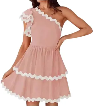Womens Tiered Mini Dress Asymmetrical One Shoulder Fairy Dress Ruffle Cap Sleeve A-Line Dress High Waist Plain Dress