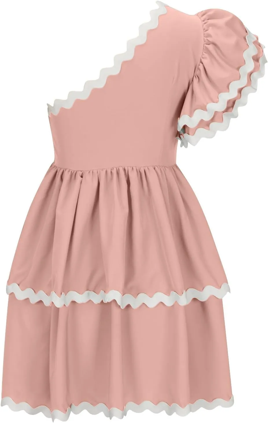 Womens Tiered Mini Dress Asymmetrical One Shoulder Fairy Dress Ruffle Cap Sleeve A-Line Dress High Waist Plain Dress
