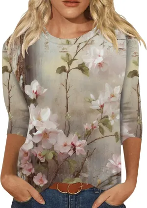 Women's Tops Trendy Casual 3/4 Sleeve Blouses Cute Boho Floral Shirts Loose Fit Dressy Crew Neck Tops