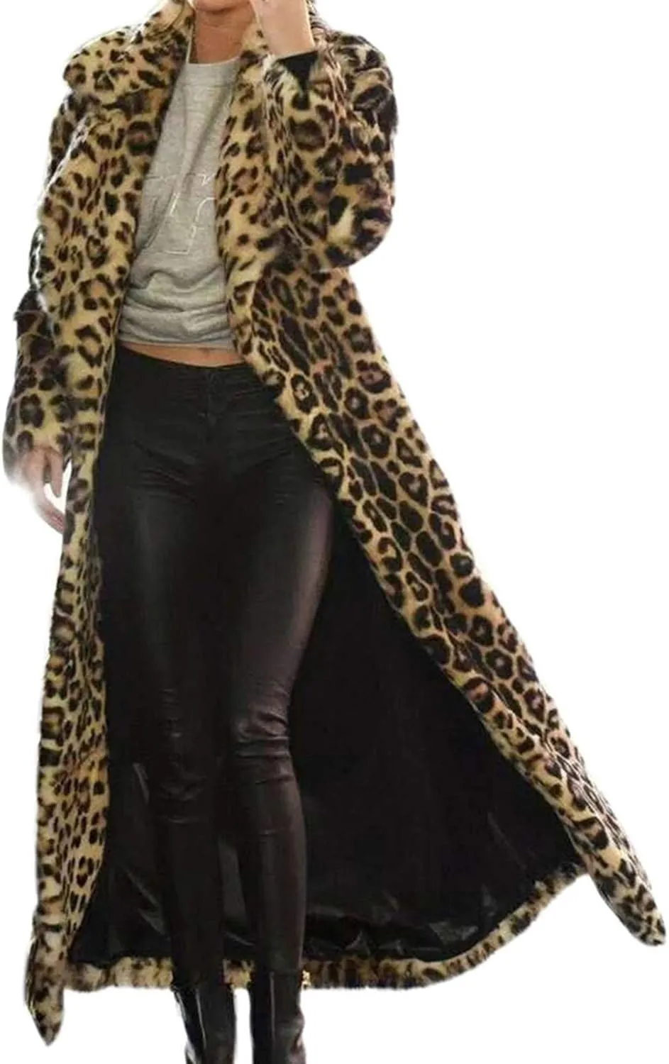 Womens Trendy Leopard Overcoat Ultra Long and Tall Faux Fur Coat Winter Warm Thicken Jacket to Ankles Cardigan Coats