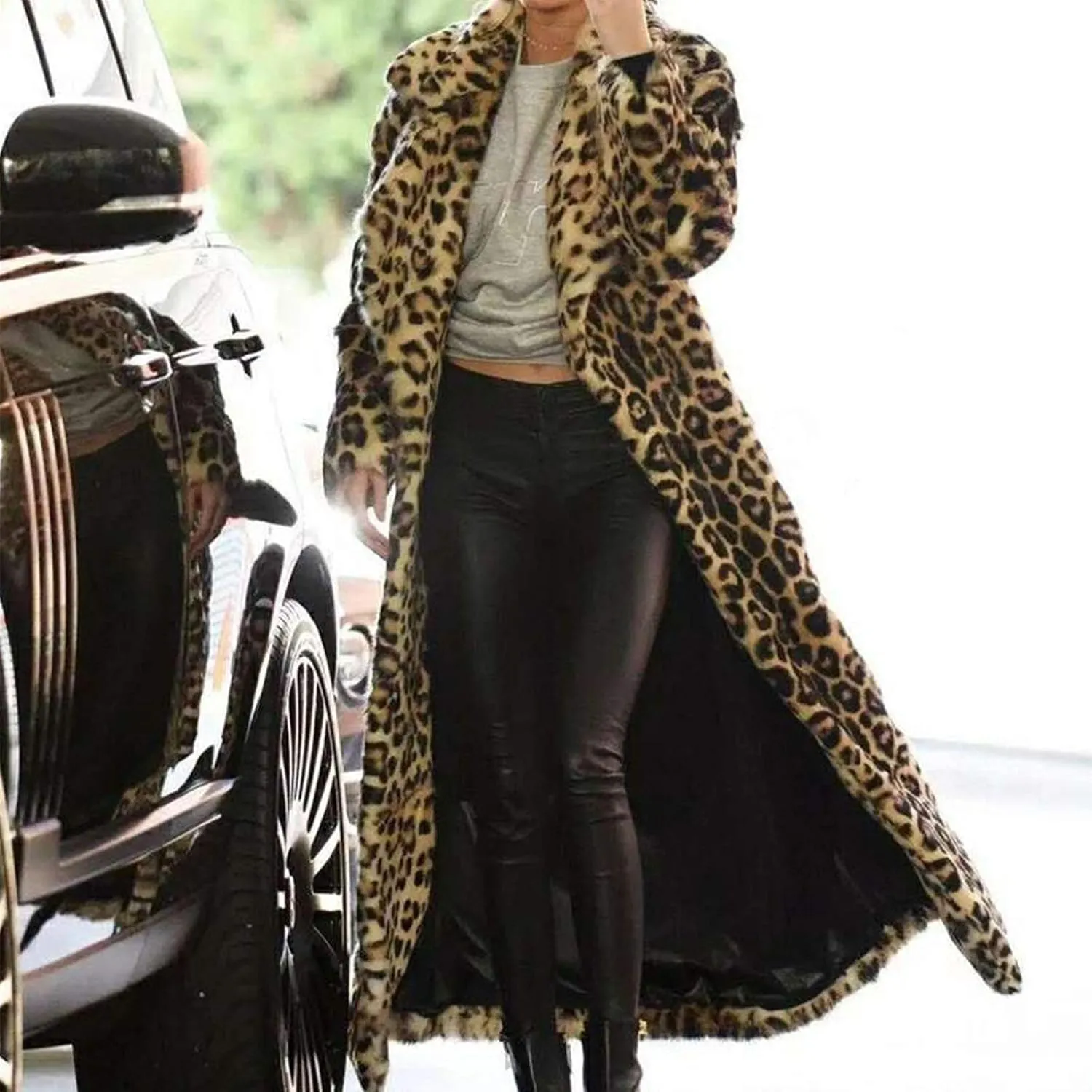 Womens Trendy Leopard Overcoat Ultra Long and Tall Faux Fur Coat Winter Warm Thicken Jacket to Ankles Cardigan Coats