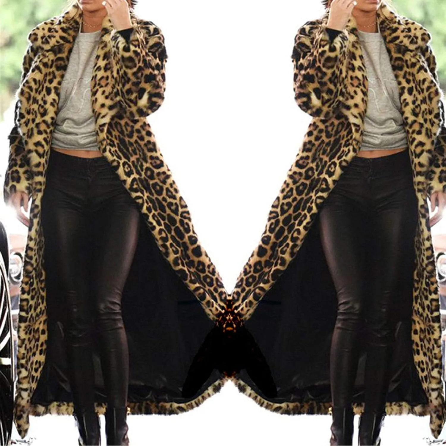 Womens Trendy Leopard Overcoat Ultra Long and Tall Faux Fur Coat Winter Warm Thicken Jacket to Ankles Cardigan Coats