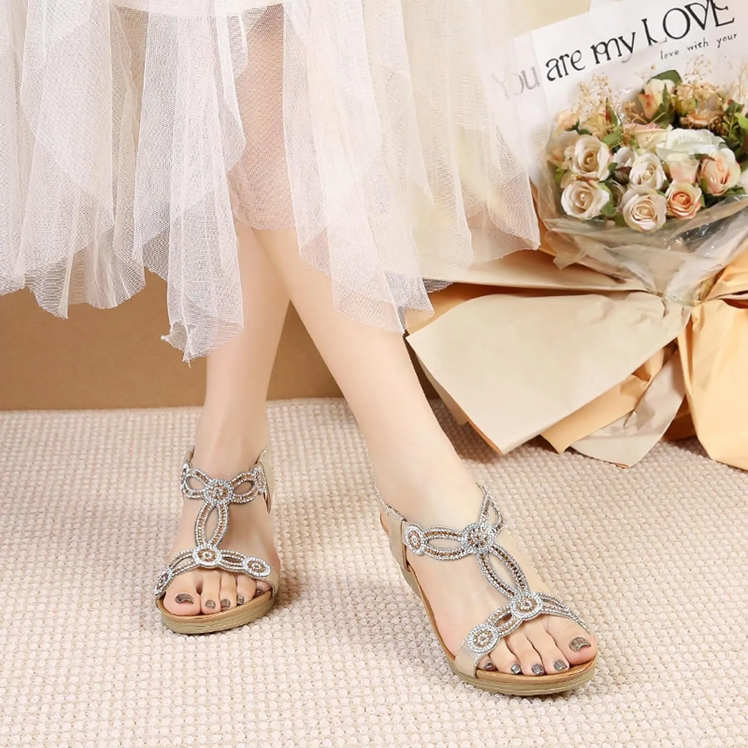Women's Wedge Sandals 2025 Summer Fashion Bohemian Beach Rhinestone Sandals, Comfortable Open Toe Ankle Strap Orthopedic Wedges Arch Support Platform Shoes for Women