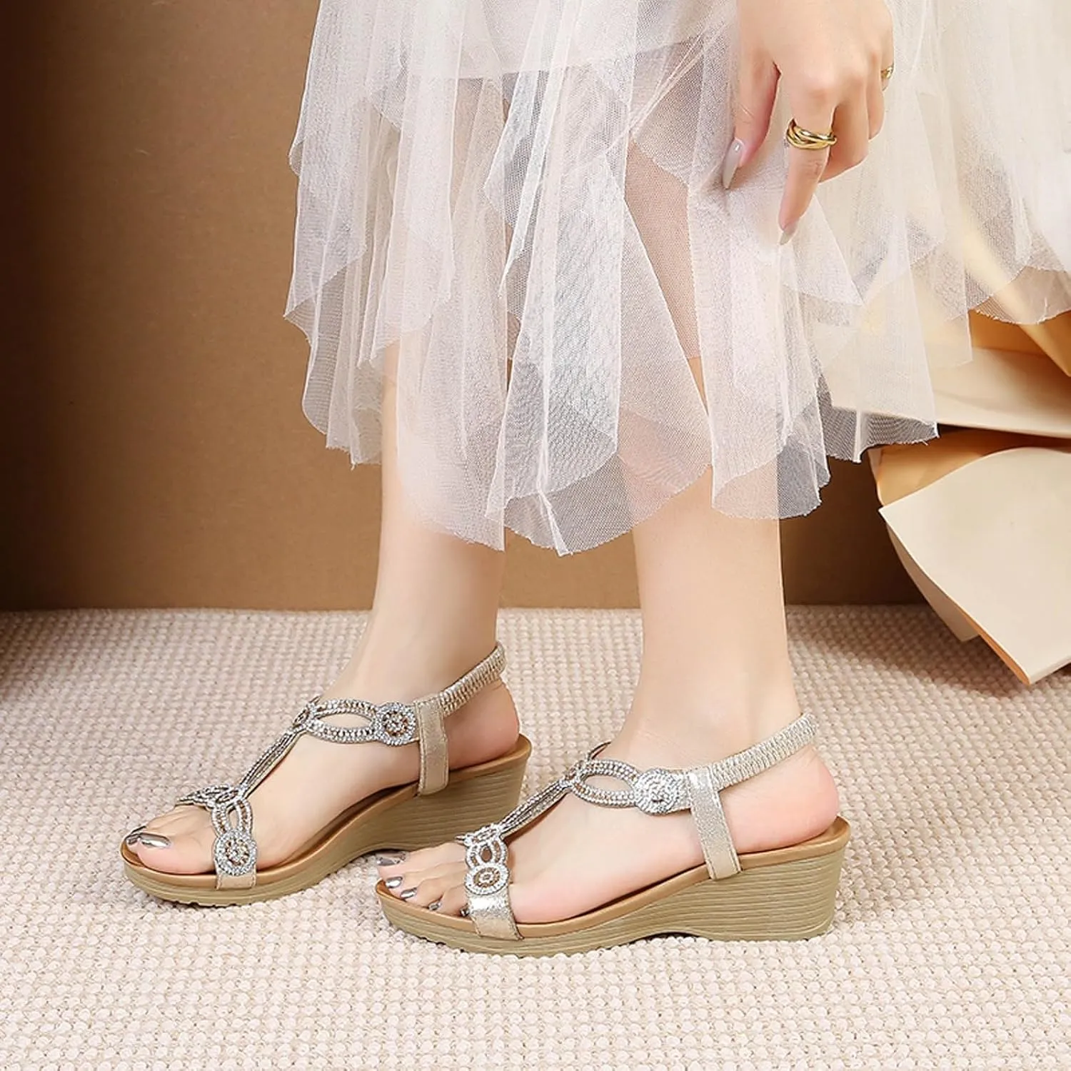 Women's Wedge Sandals 2025 Summer Fashion Bohemian Beach Rhinestone Sandals, Comfortable Open Toe Ankle Strap Orthopedic Wedges Arch Support Platform Shoes for Women