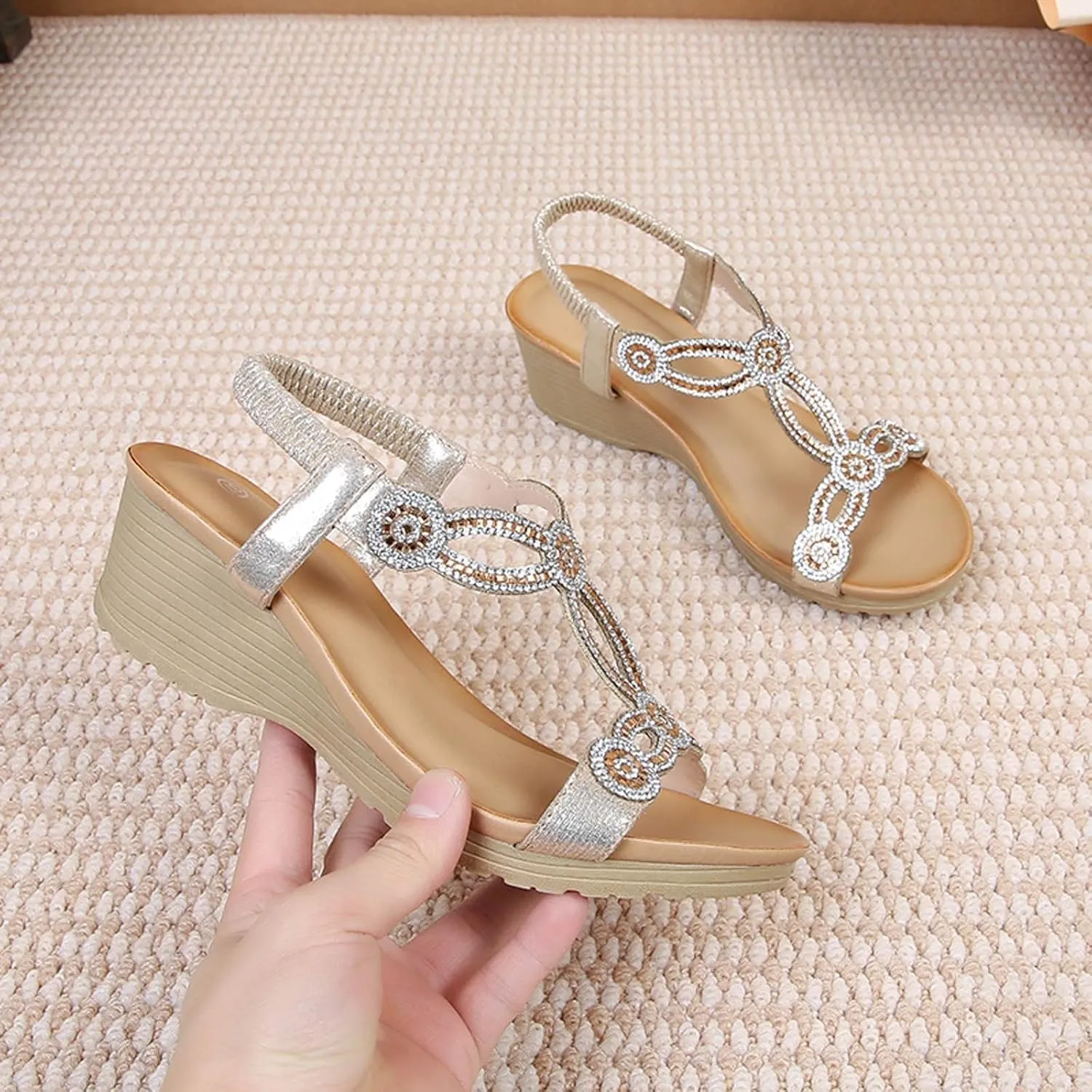Women's Wedge Sandals 2025 Summer Fashion Bohemian Beach Rhinestone Sandals, Comfortable Open Toe Ankle Strap Orthopedic Wedges Arch Support Platform Shoes for Women