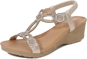 Women's Wedge Sandals 2025 Summer Fashion Bohemian Beach Rhinestone Sandals, Comfortable Open Toe Ankle Strap Orthopedic Wedges Arch Support Platform Shoes for Women
