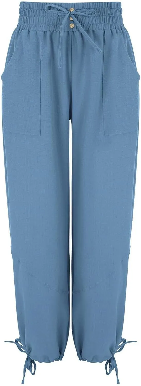 Women's Wide Leg Pants Linen Pants Casual Elastic Drawstring Pants Straight Trousers with Pockets Cargo Pants