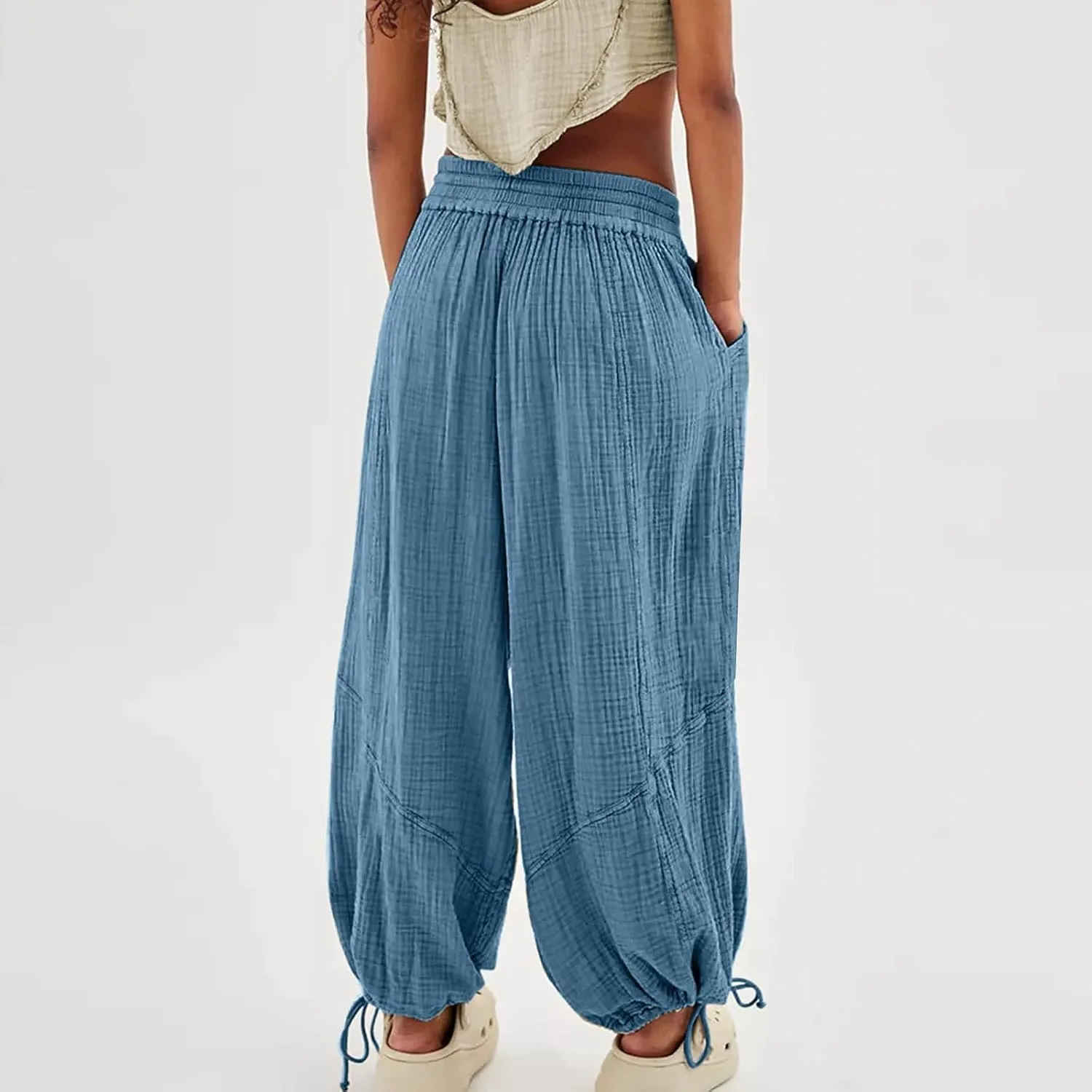 Women's Wide Leg Pants Linen Pants Casual Elastic Drawstring Pants Straight Trousers with Pockets Cargo Pants