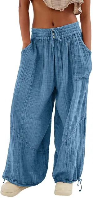 Women's Wide Leg Pants Linen Pants Casual Elastic Drawstring Pants Straight Trousers with Pockets Cargo Pants