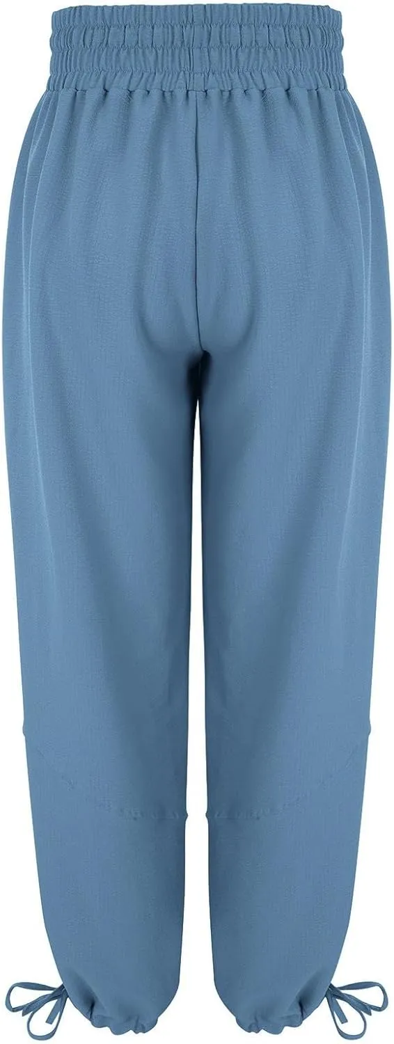 Women's Wide Leg Pants Linen Pants Casual Elastic Drawstring Pants Straight Trousers with Pockets Cargo Pants