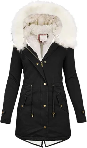 Womens Winter Coats Fleece Thicken Overcoats Warm Trench Coat Furry Windbreaker Warm Cotton Jacket Hood Outerwear