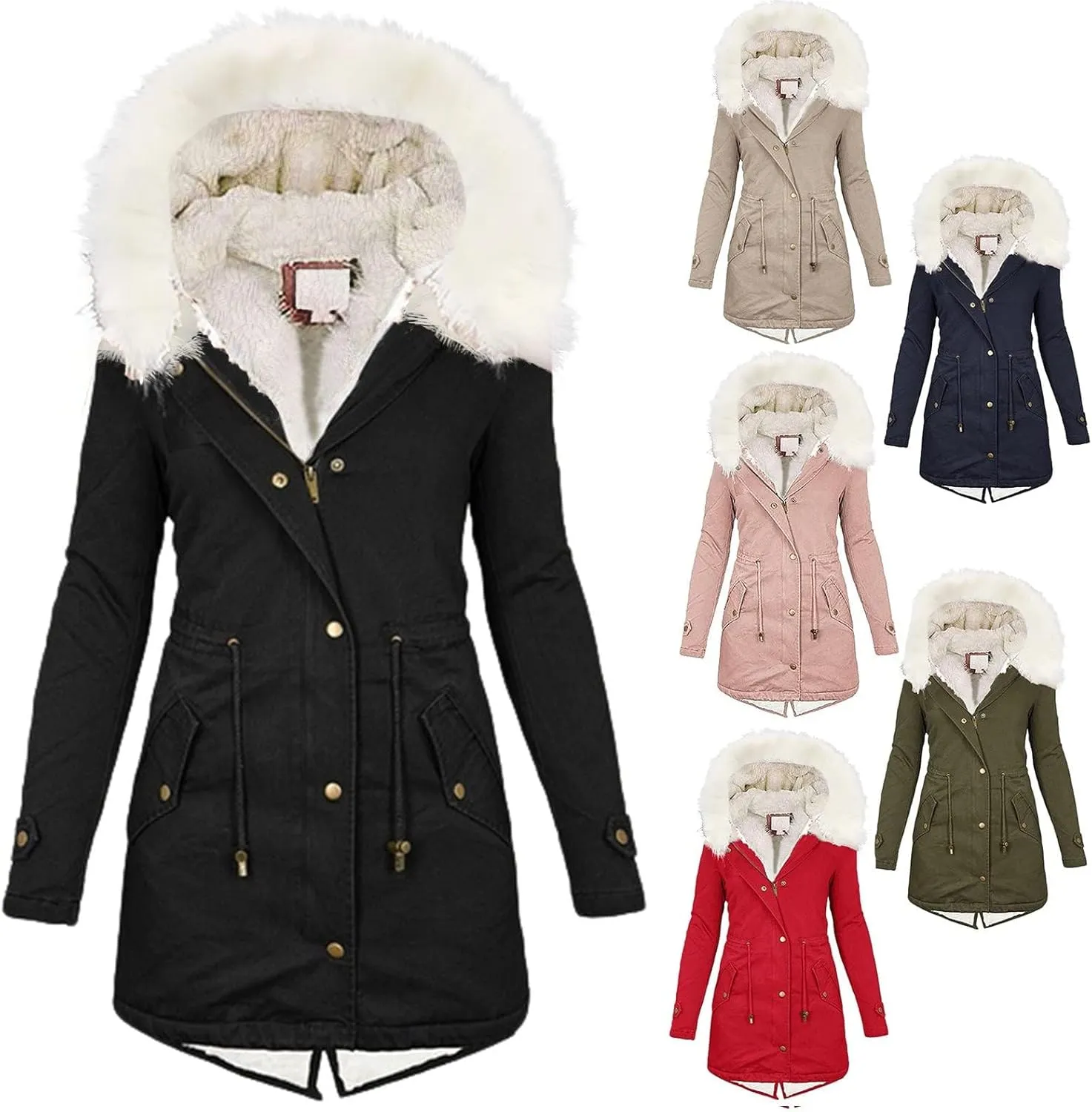 Womens Winter Coats Fleece Thicken Overcoats Warm Trench Coat Furry Windbreaker Warm Cotton Jacket Hood Outerwear