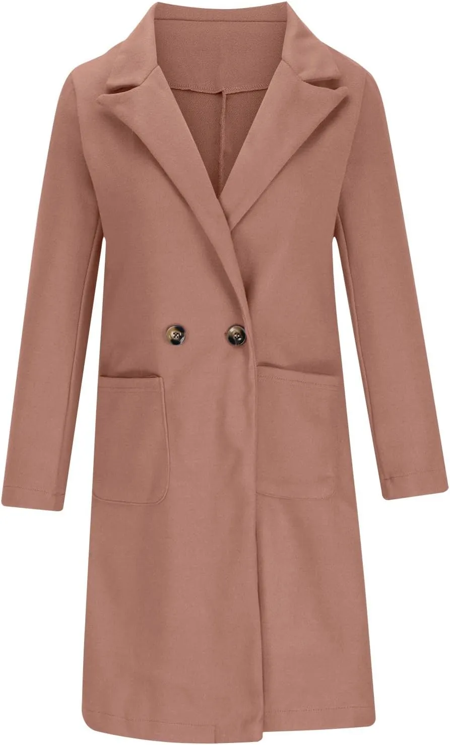 Wool Trench Coat for Women Double Breasted Notched Lapel Peacoat Mid-Long Winter Jackets Overcoats with Pockets
