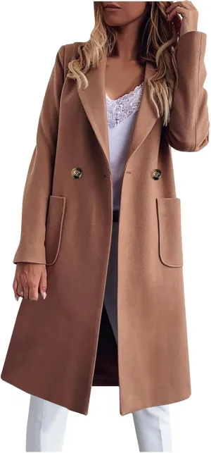 Wool Trench Coat for Women Double Breasted Notched Lapel Peacoat Mid-Long Winter Jackets Overcoats with Pockets