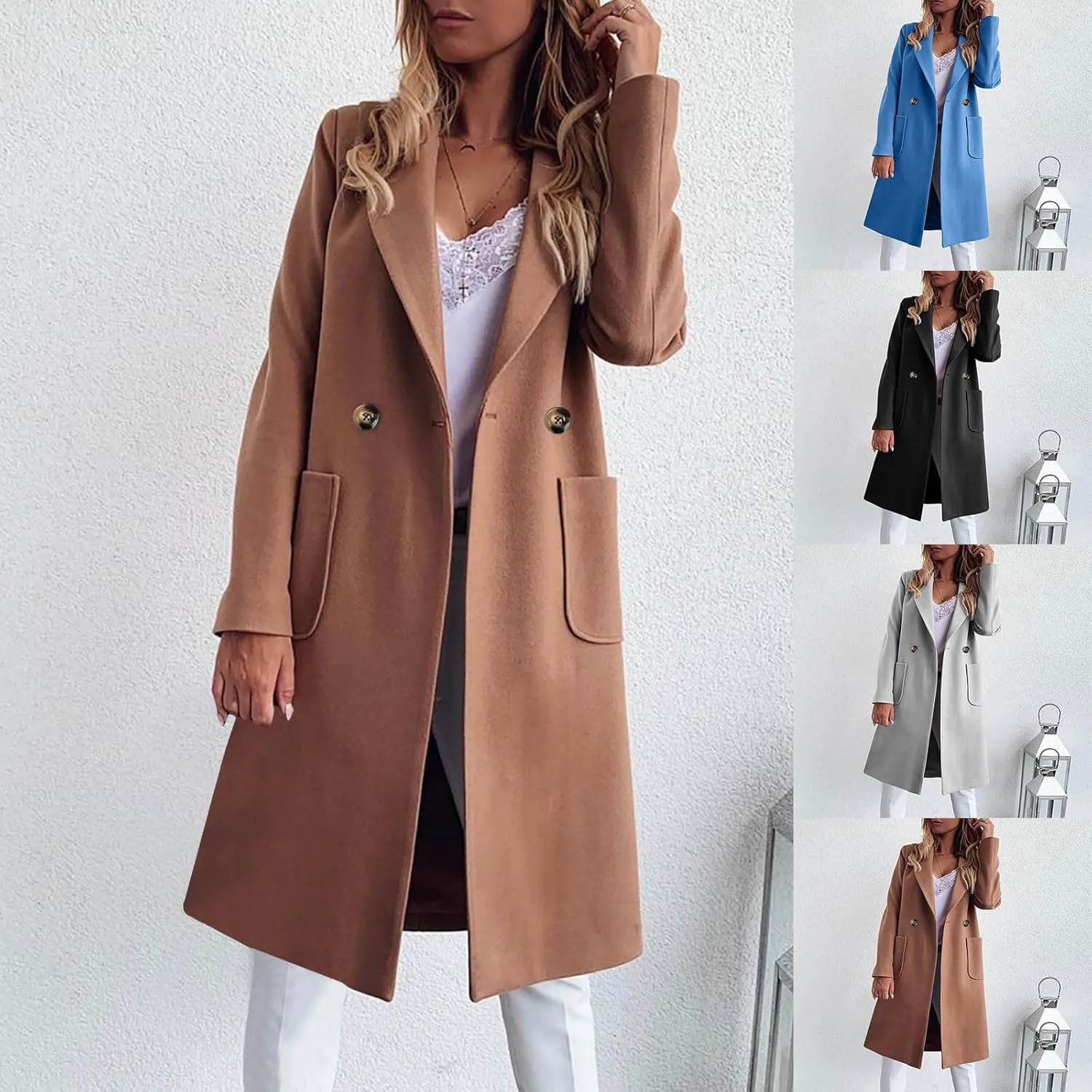 Wool Trench Coat for Women Double Breasted Notched Lapel Peacoat Mid-Long Winter Jackets Overcoats with Pockets