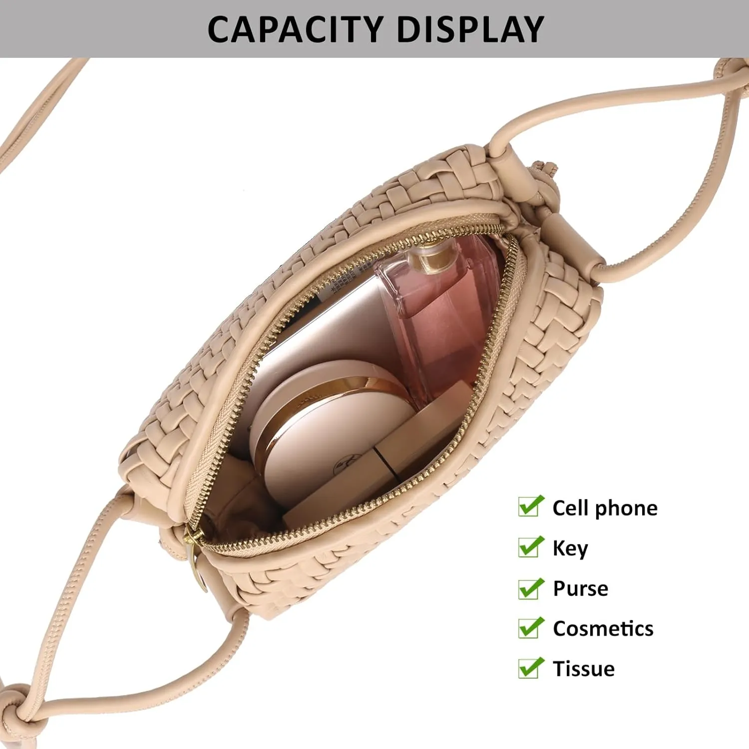 Woven Crossbody Bag Clutch Purse for Women,Small Vegan Leather Handmade Shoulderbag Handbag with Strap,Zipper Closure